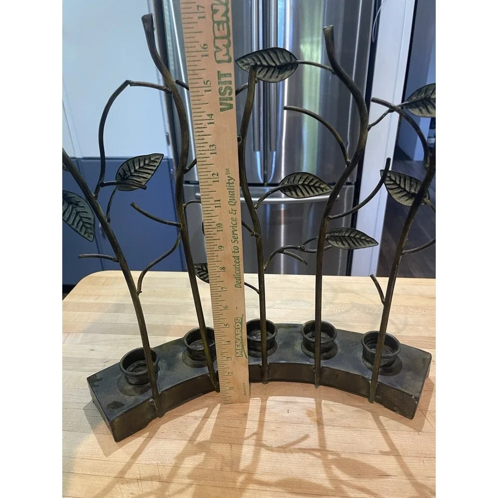 Bronze & Green Twig & Leaf Metal Tea Light 5 Candle Holder Rustic Decor Mantle